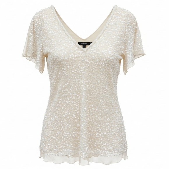 Adrianna Papell Cream Sequin V-Neck Blouse - Picture 4 of 7